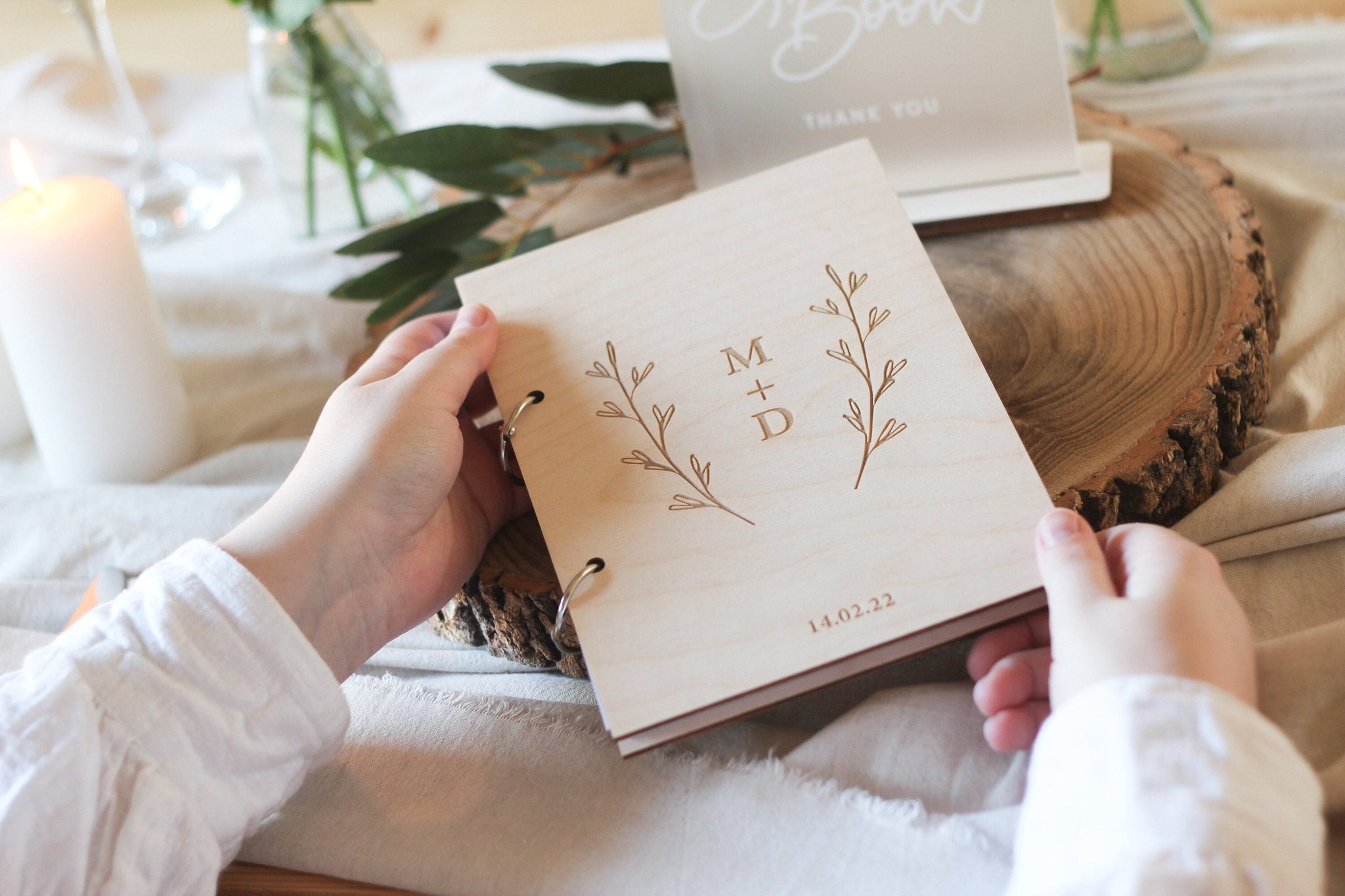 Initials and Foliage Guest Book, Wooden Wedding Guest Book