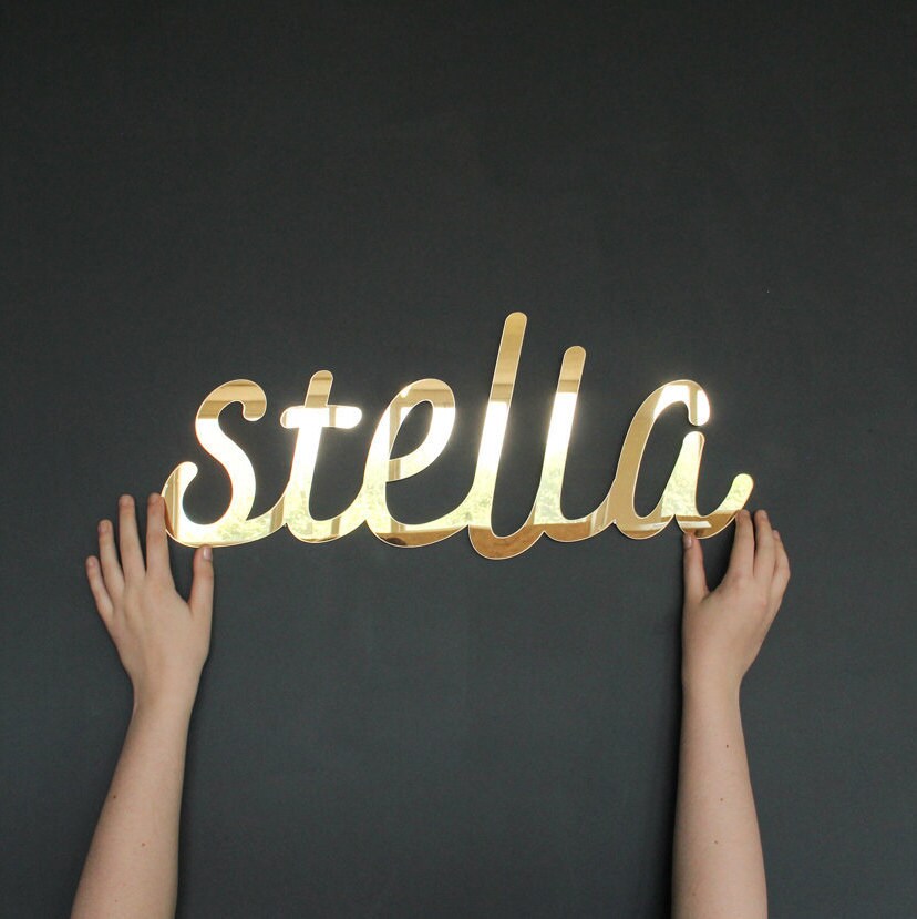 Custom Mirror Gold Name Sign Wall Art, Nursery Name Sign Baby Shower Gift