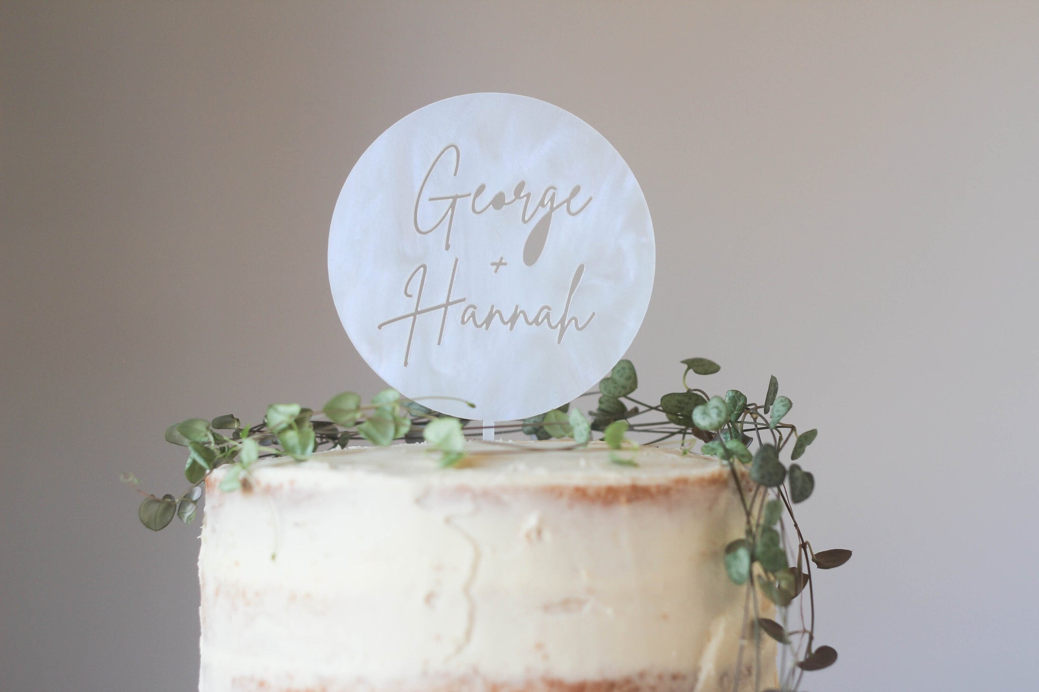 Round Custom Wedding Cake Topper - A Custom Circular Shaped Wedding Cake Topper Featuring First Names