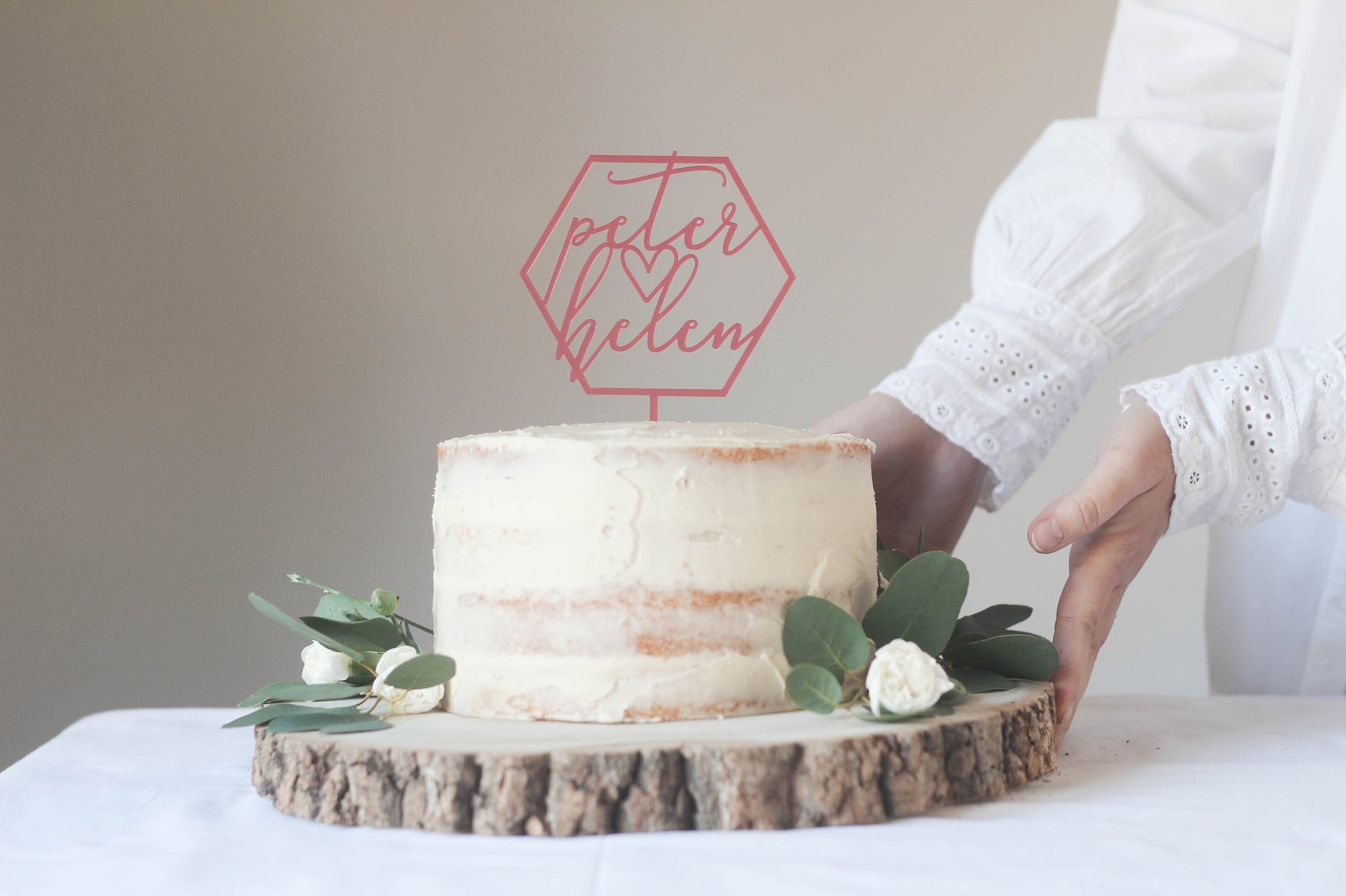 Hexagon Wedding Cake Topper Customised With The Bride and Groom's Names