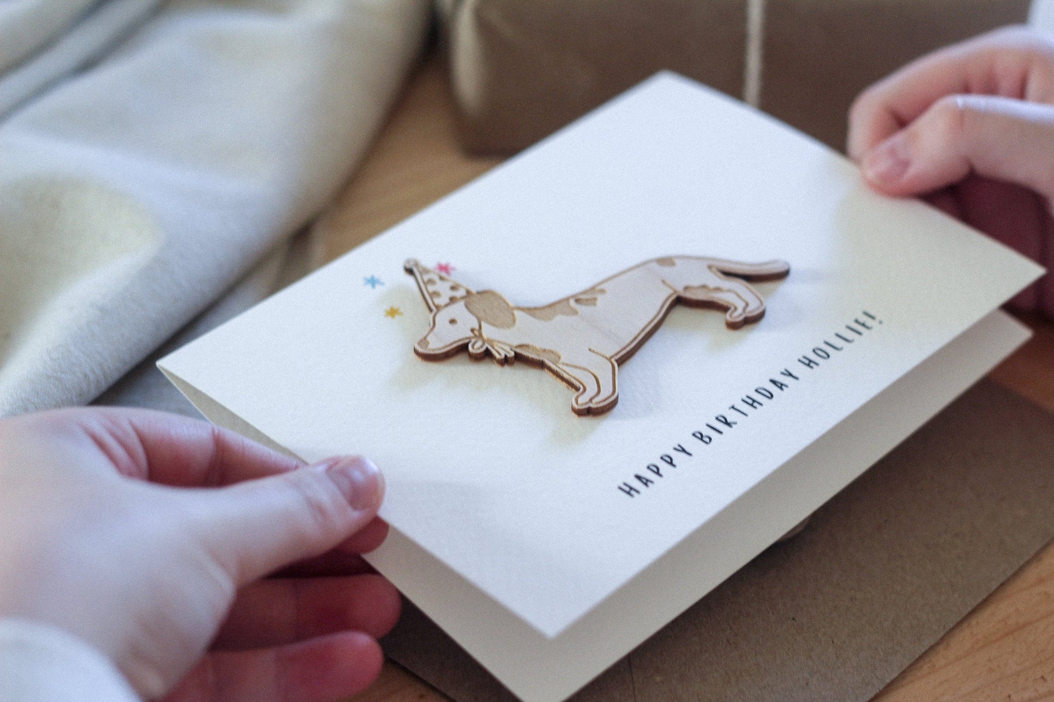 Personalised Sausage Dog Birthday Card | Celebration Card | Wooden Card