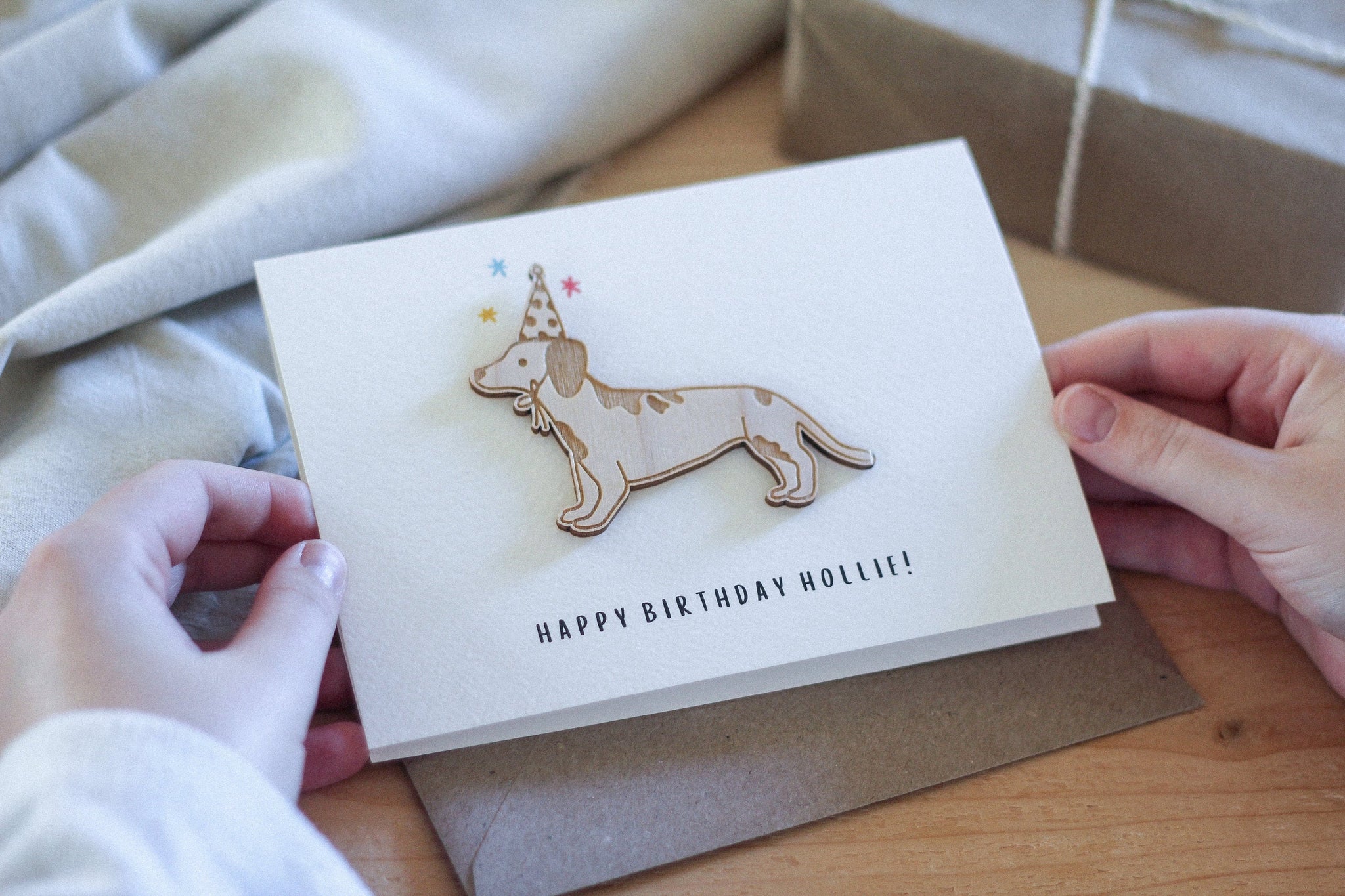 Personalised Sausage Dog Birthday Card | Celebration Card | Wooden Card