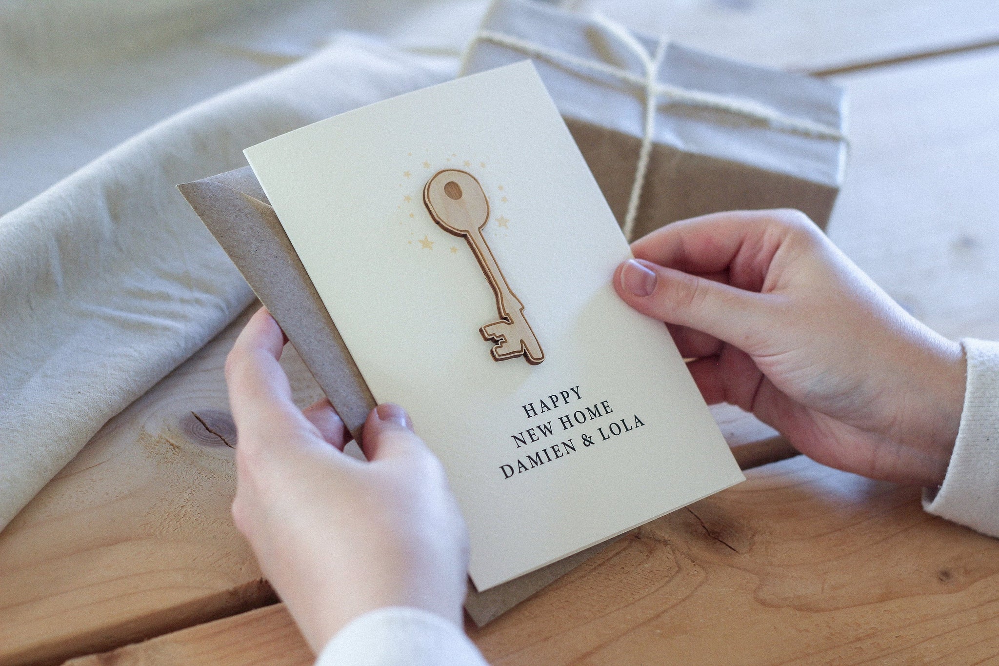 Personalised New Home Card | Key Illustration | Celebration Card | Wooden Card