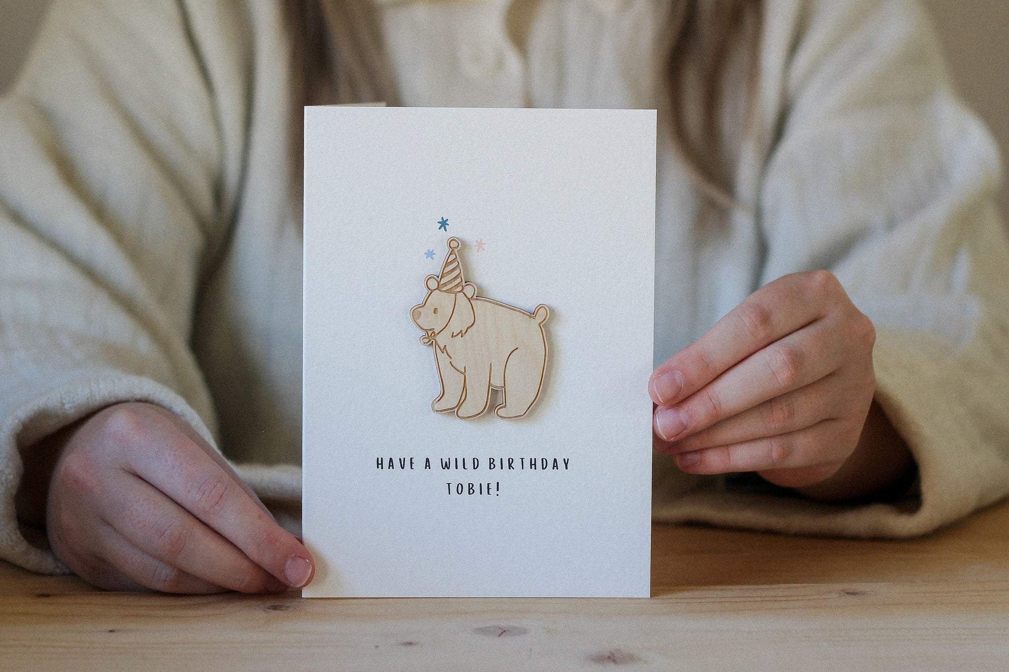 Personalised Bear Birthday Card | Celebration Card | Wooden Card