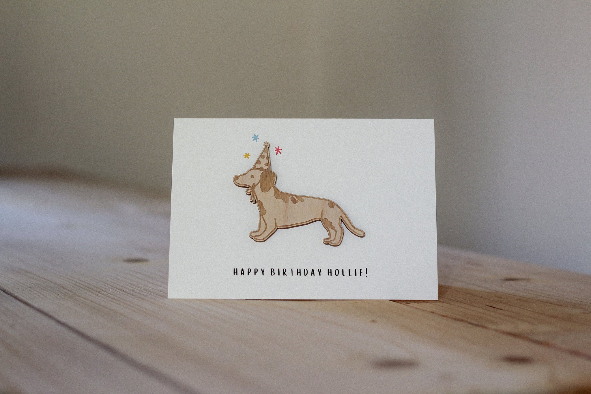 Personalised Sausage Dog Birthday Card | Celebration Card | Wooden Card