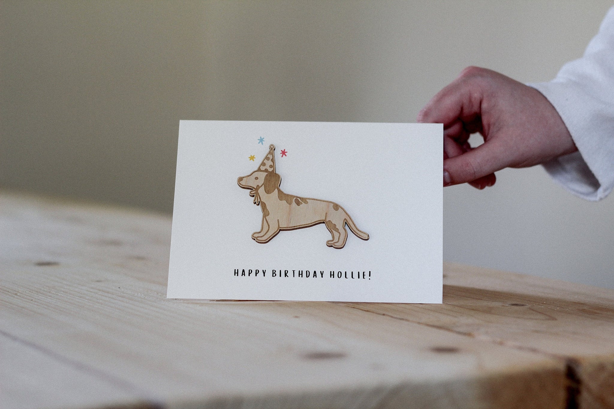 Personalised Sausage Dog Birthday Card | Celebration Card | Wooden Card
