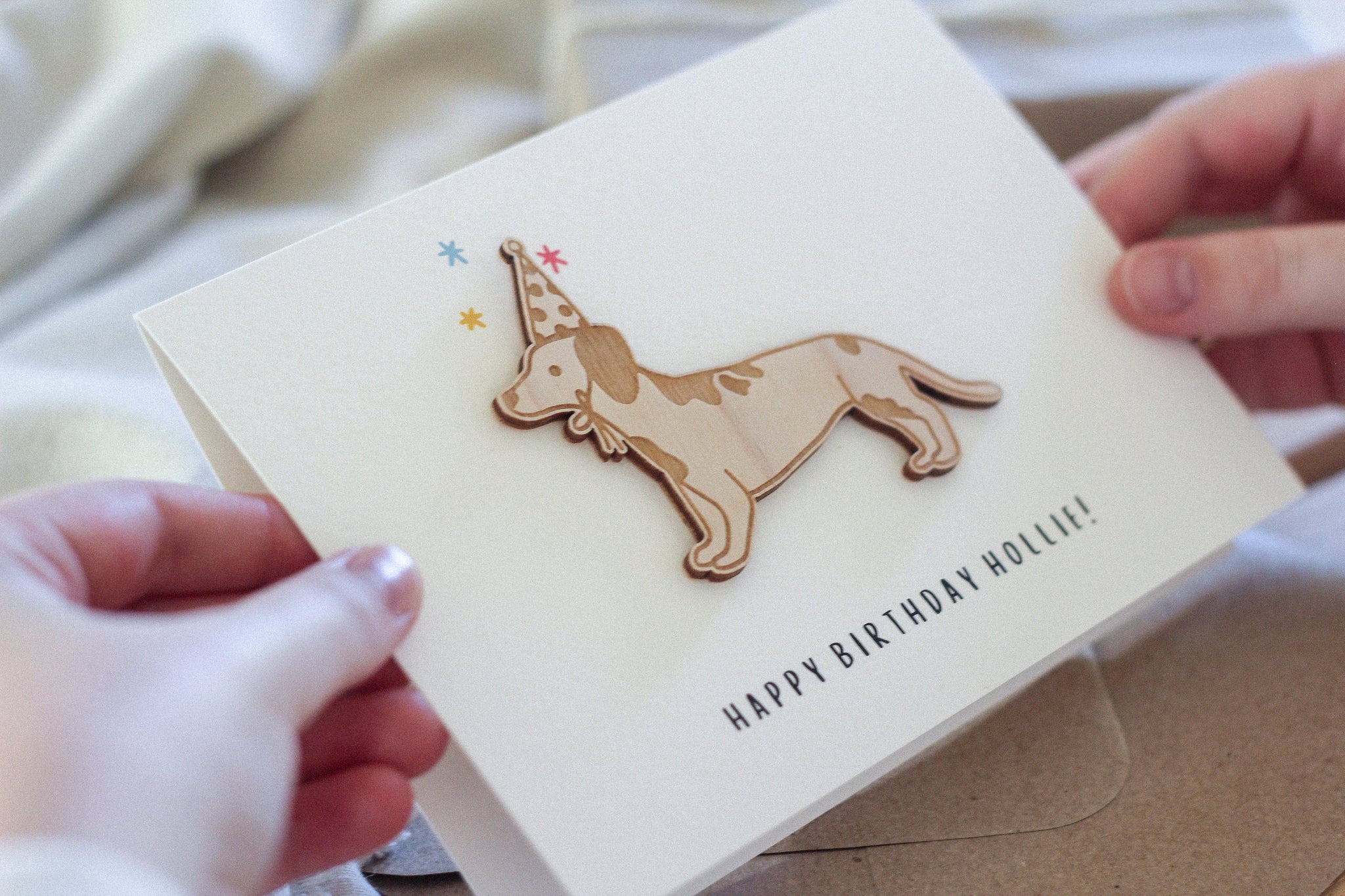 Personalised Sausage Dog Birthday Card | Celebration Card | Wooden Card