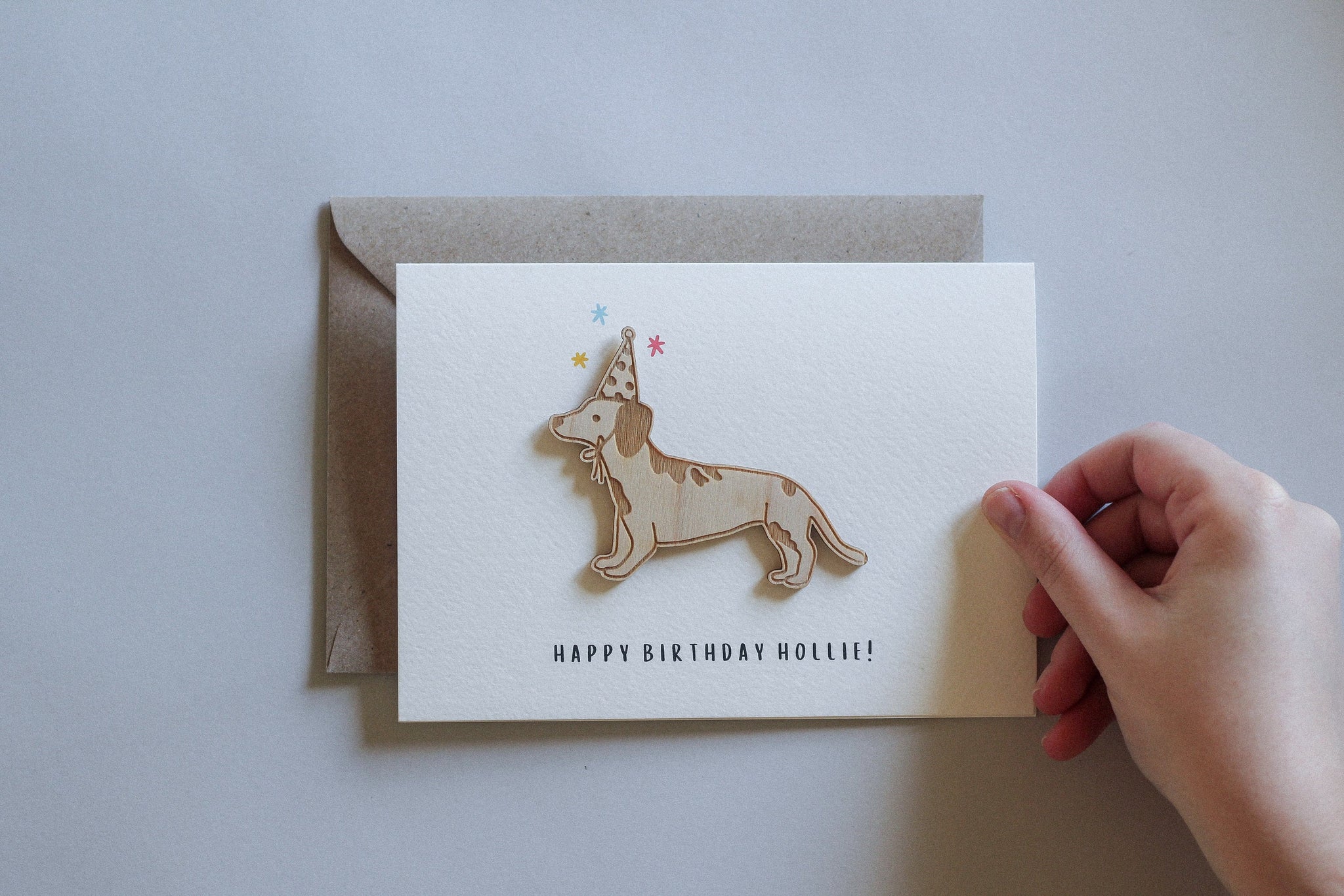 Personalised Sausage Dog Birthday Card | Celebration Card | Wooden Card