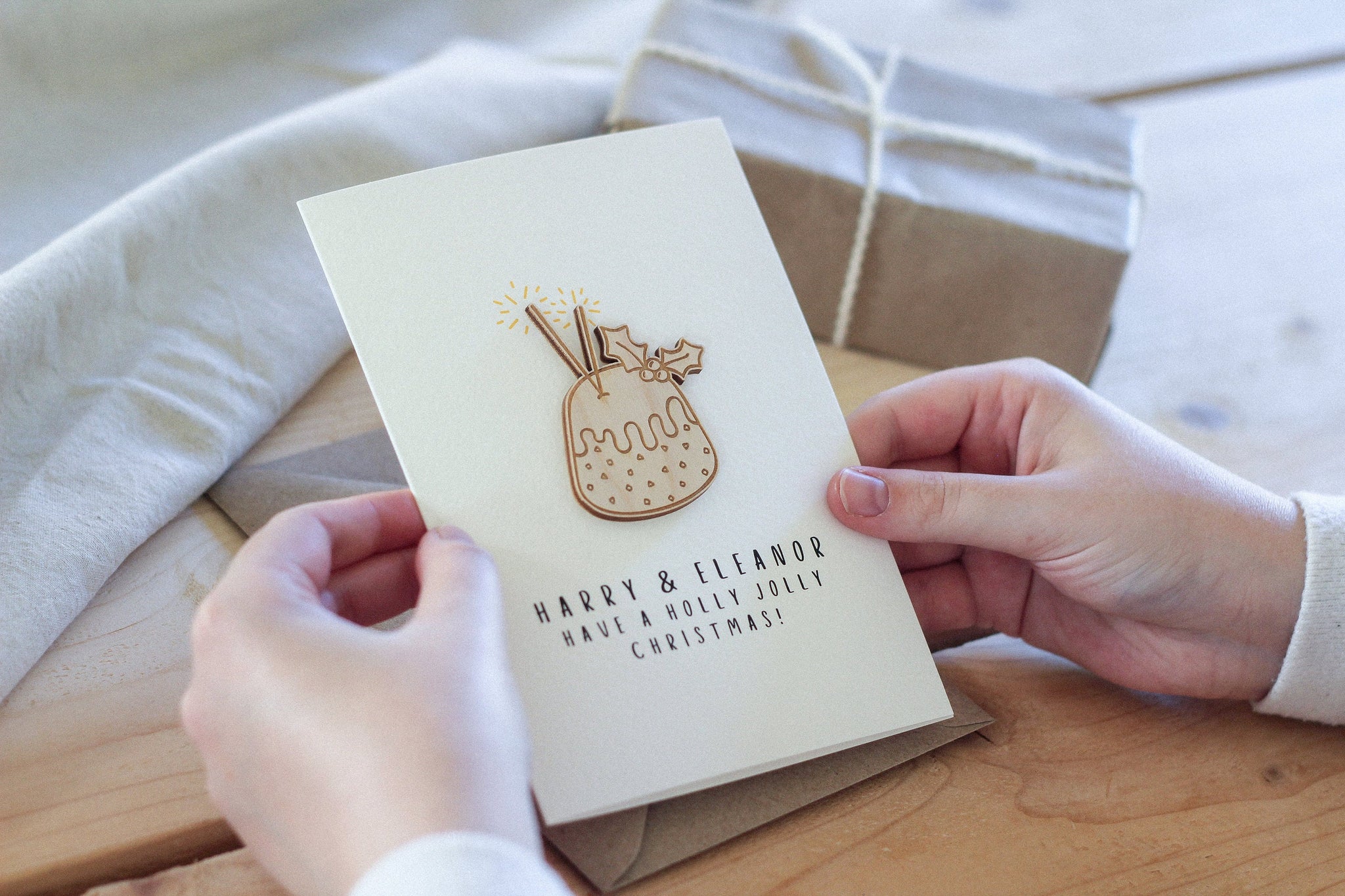 Personalised Christmas Card | Christmas Pudding | Celebration Card | Wooden Card