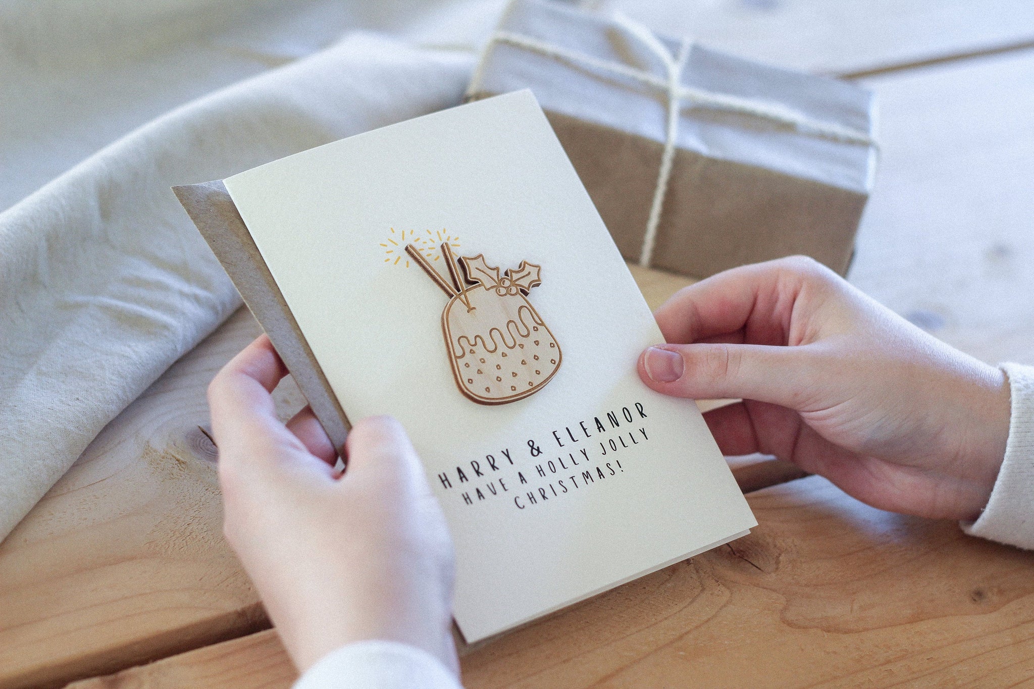 Personalised Christmas Card | Christmas Pudding | Celebration Card | Wooden Card