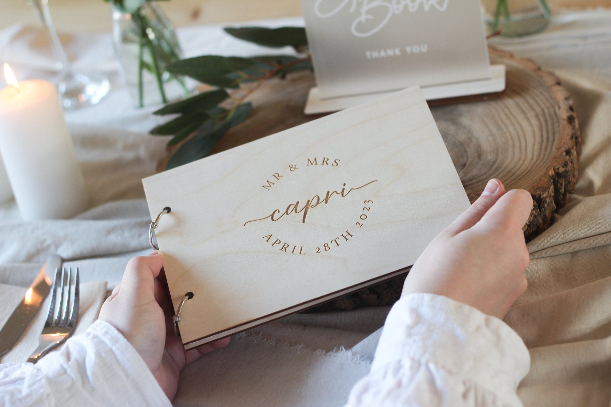Circular Script Guest Book, Wooden Wedding Guest Book