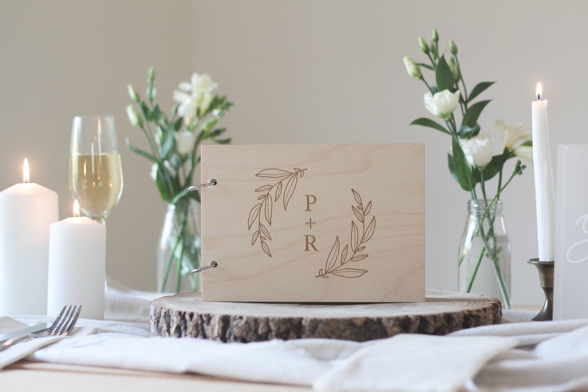 Initials and Circular Foliage Guest Book, Wooden Wedding Guest Book