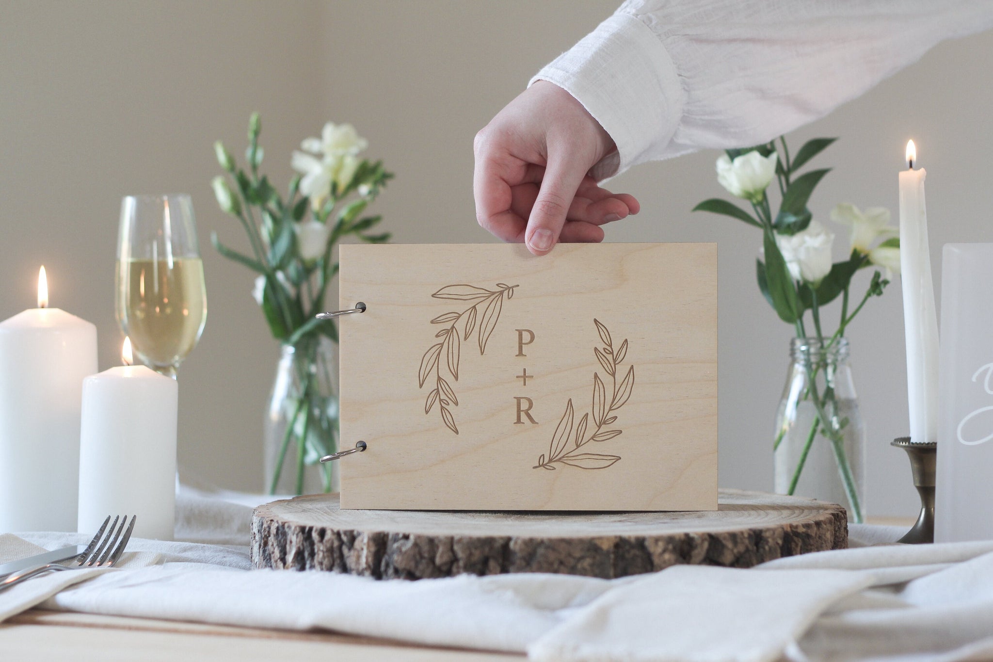 Initials and Circular Foliage Guest Book, Wooden Wedding Guest Book