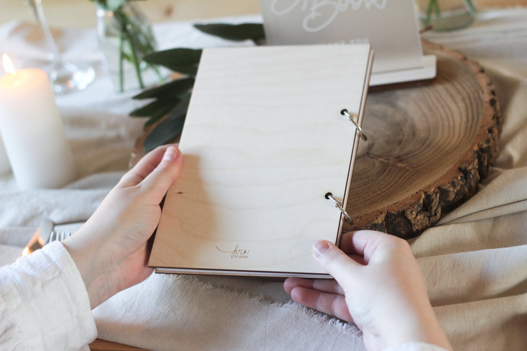 Modern Wreath Wedding Guest Book, Wooden Wedding Guest Book