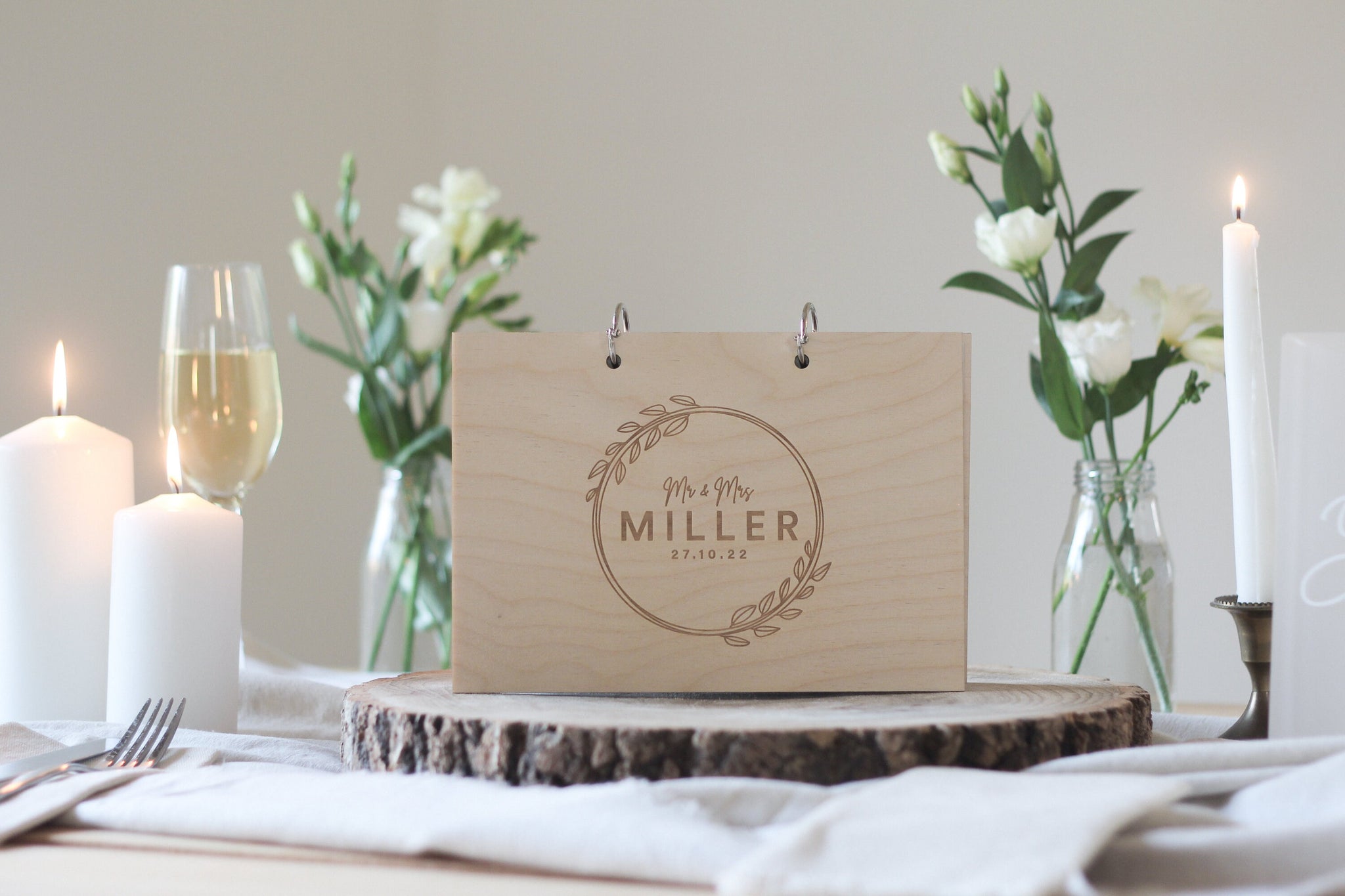 Modern Wreath Wedding Guest Book, Wooden Wedding Guest Book