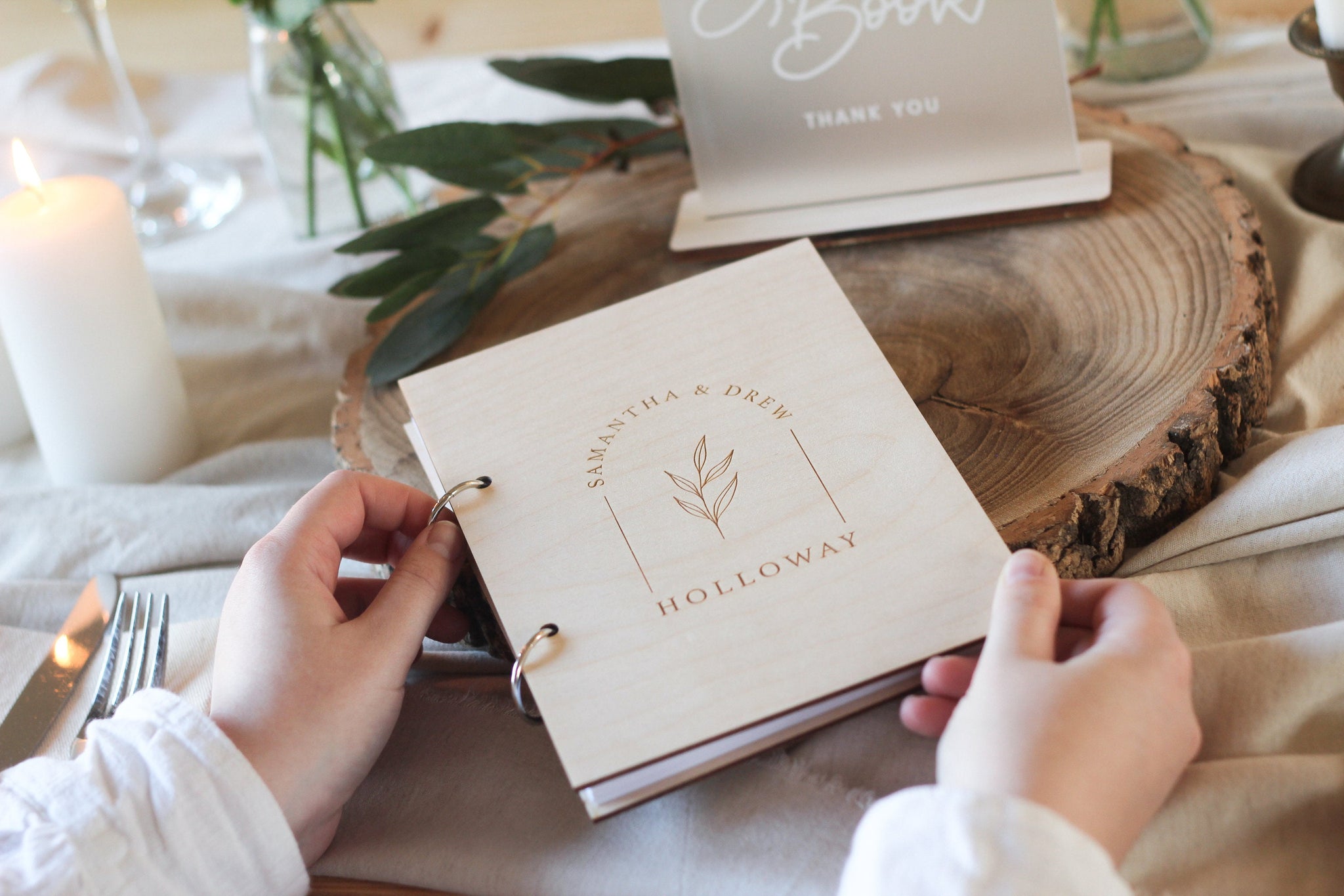 Leaf and Foliage Guest Book, Wooden Wedding Guest Book