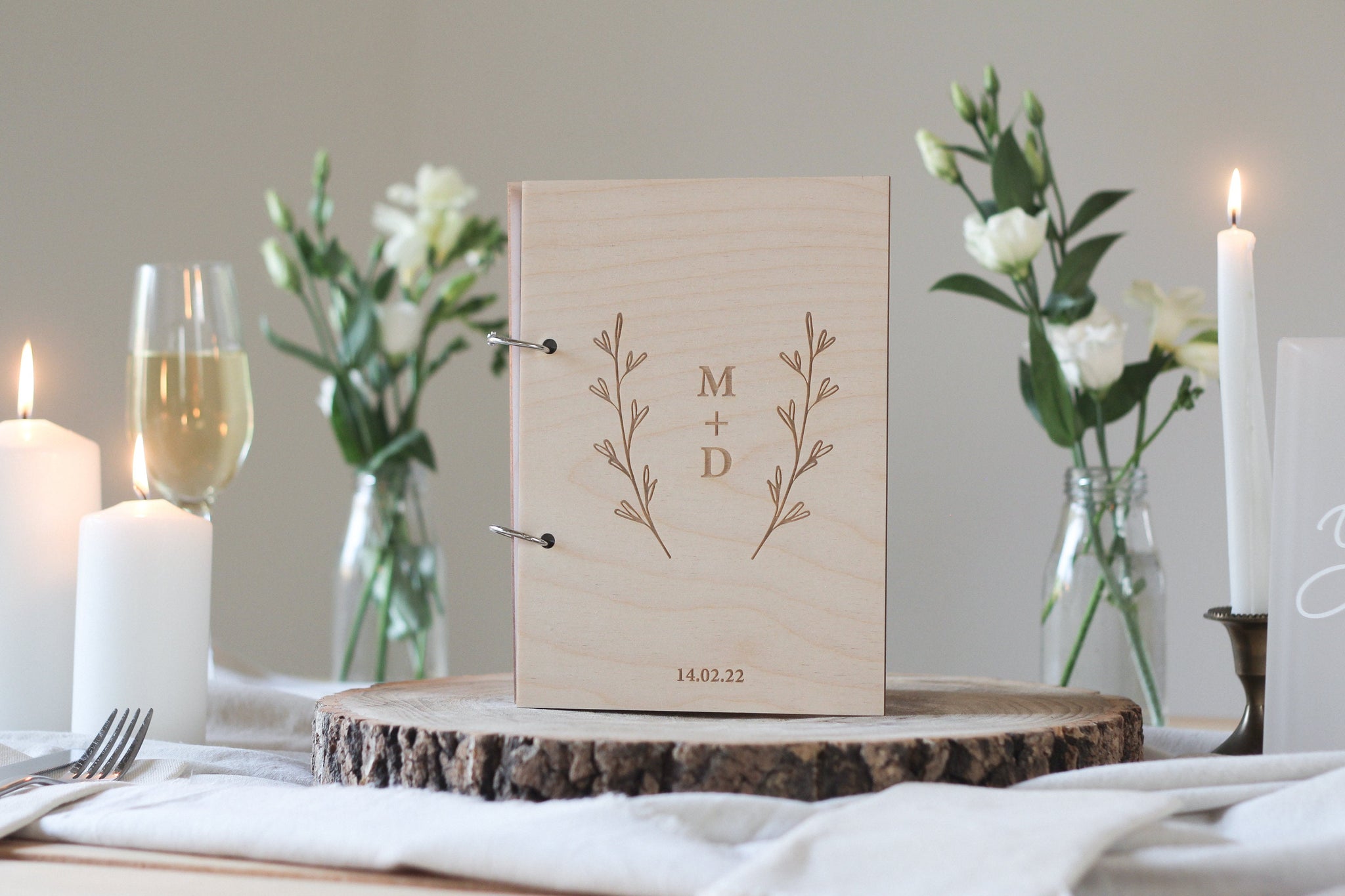 Initials and Foliage Guest Book, Wooden Wedding Guest Book