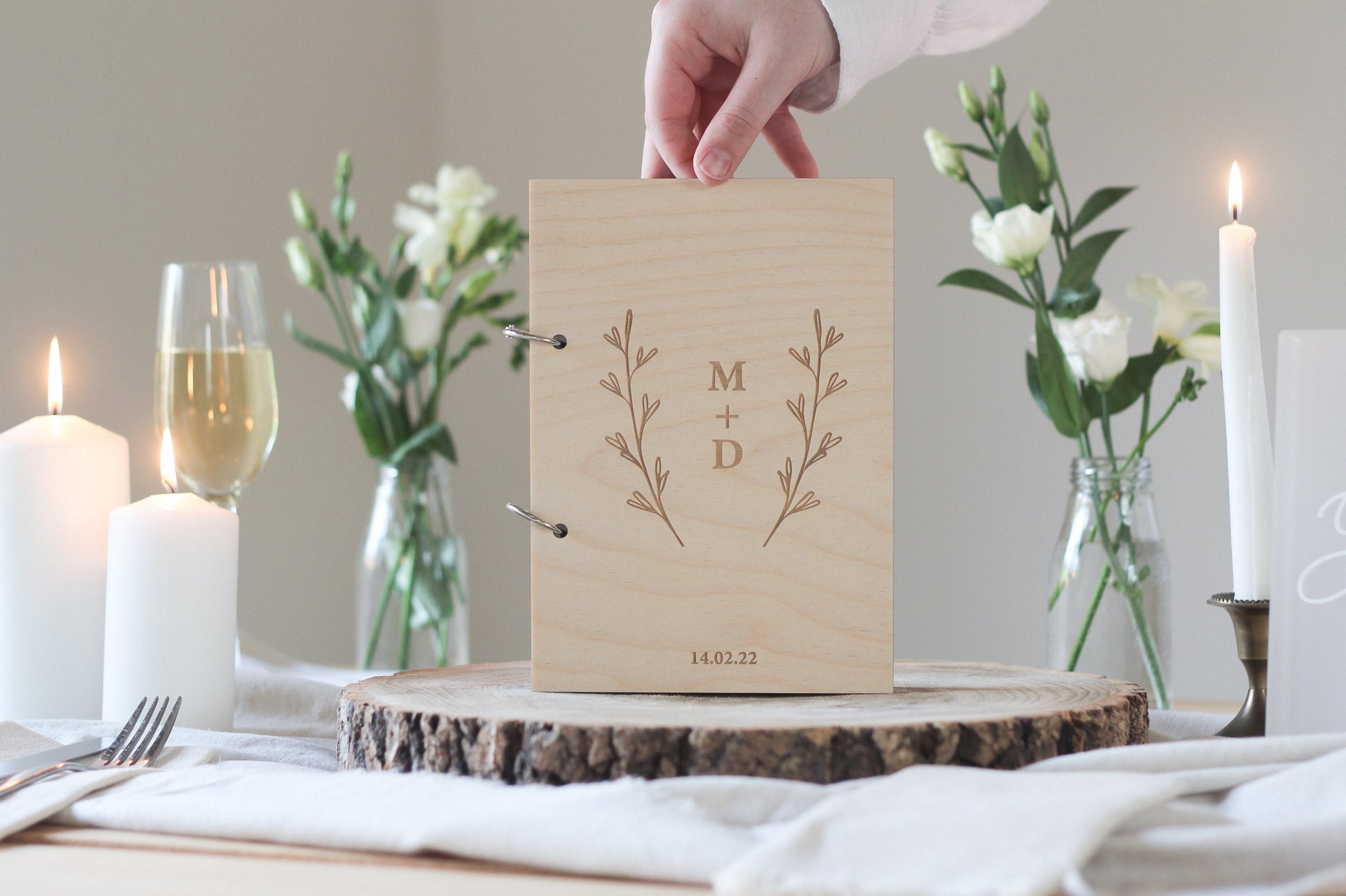 Initials and Foliage Guest Book, Wooden Wedding Guest Book