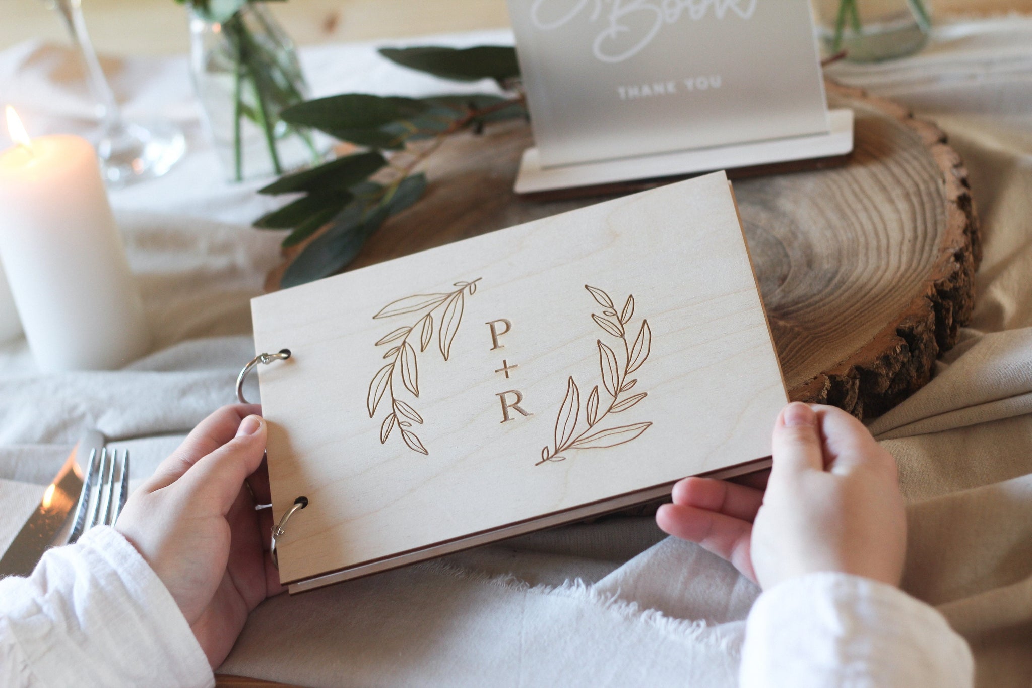 Initials and Circular Foliage Guest Book, Wooden Wedding Guest Book